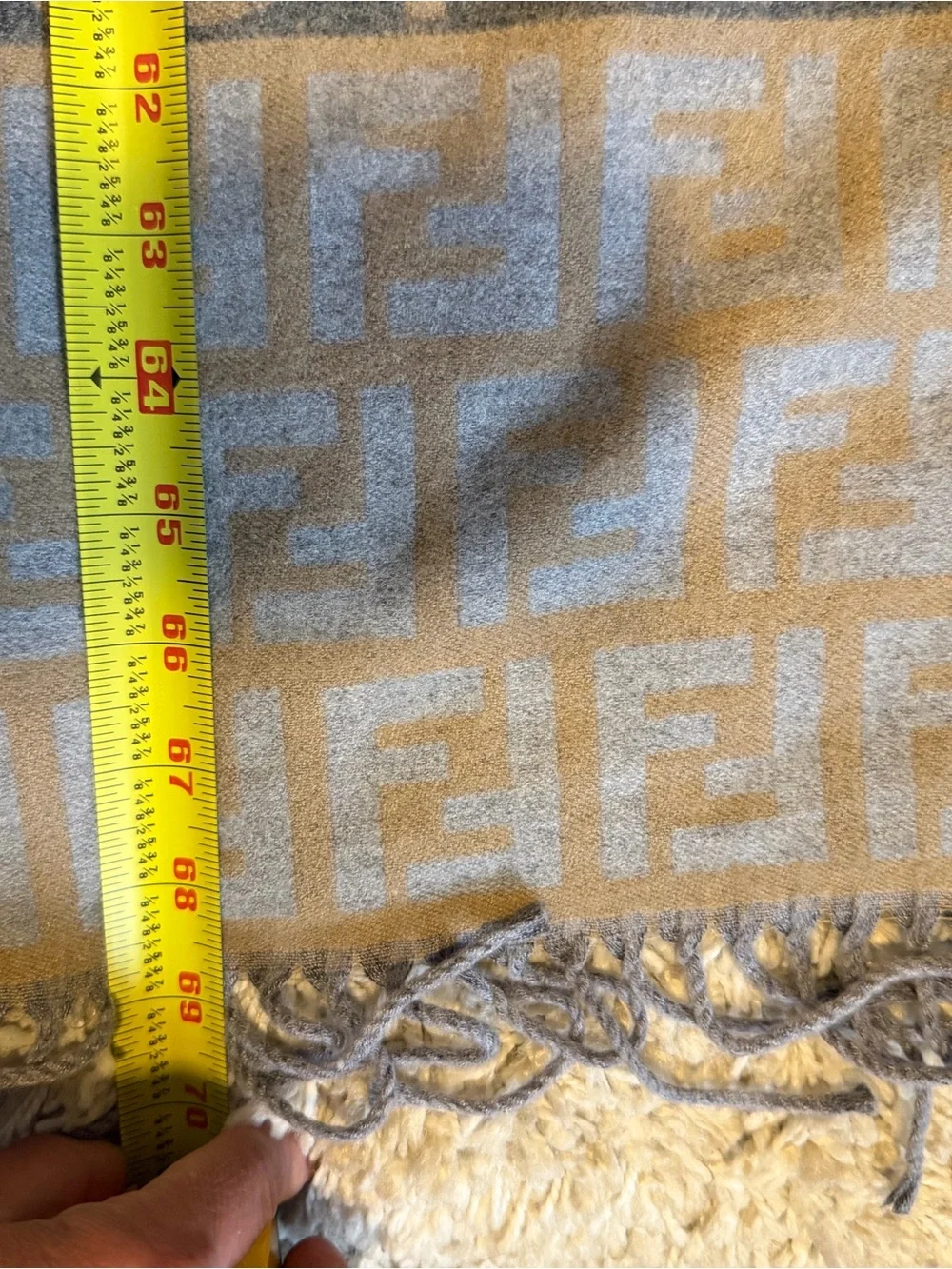 Designer Style Monogram Fringe Scarf in Cashmere and Silk